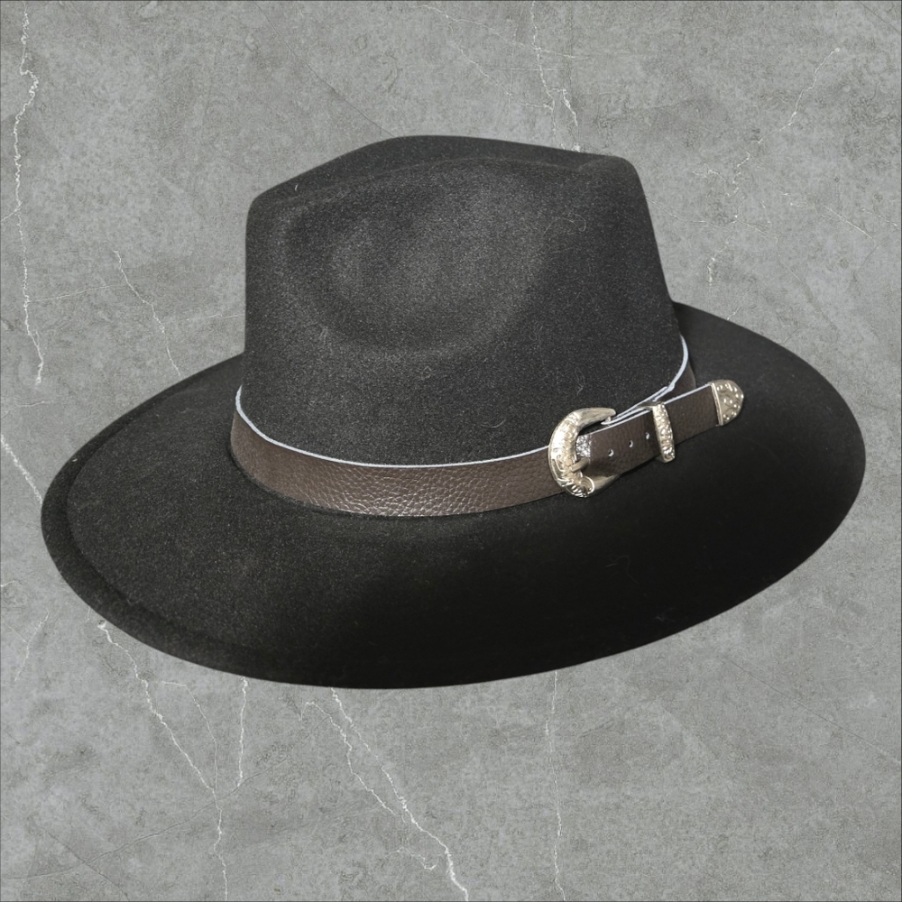 Black Polyester & Wool Hat With Buckle